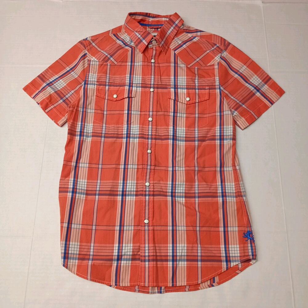 Express Snap Shirt Men's S Small Orange Blue White Plaid Casual Short Sleeve